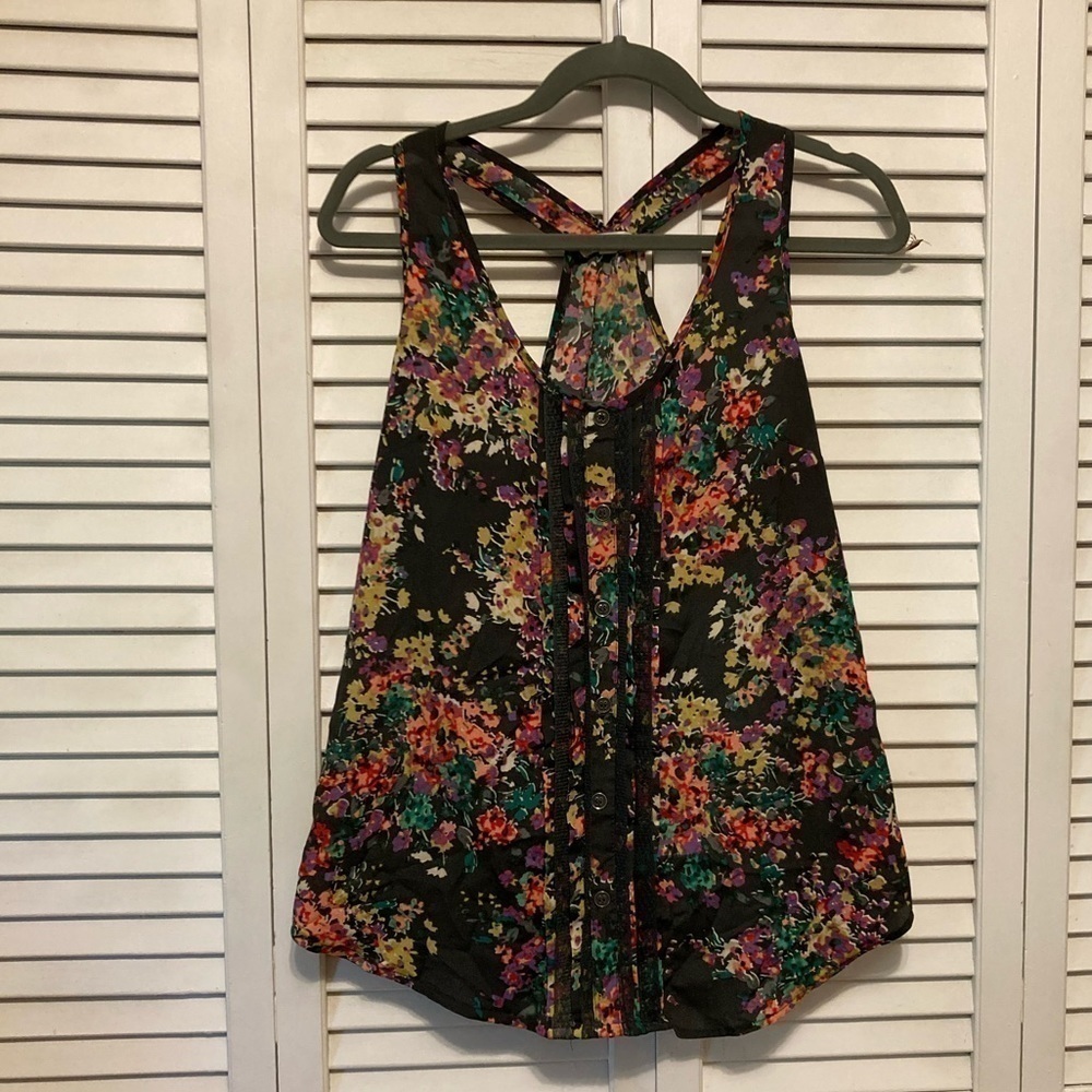 Lush Black Floral Sheer Tank Blouse Size Large